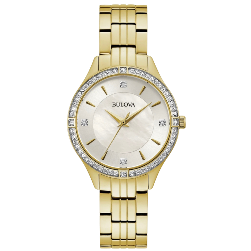Bulova Crystal para dama en acero inoxidable color dorado
