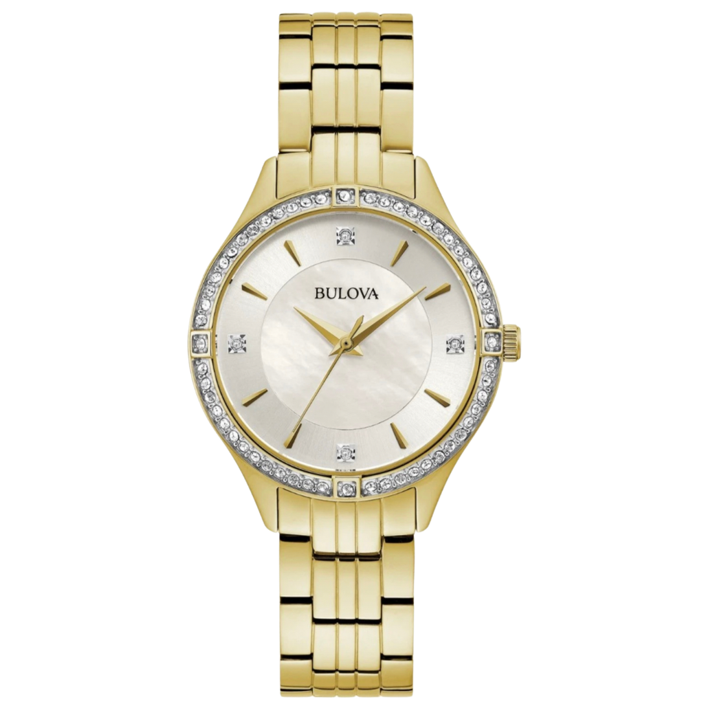 Bulova Crystal para dama en acero inoxidable color dorado