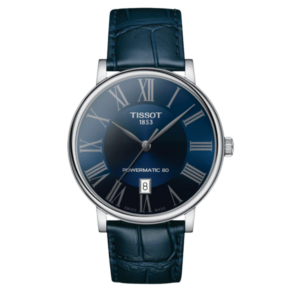 Tissot Carson Powermatic 80 con pulso de cuero azul